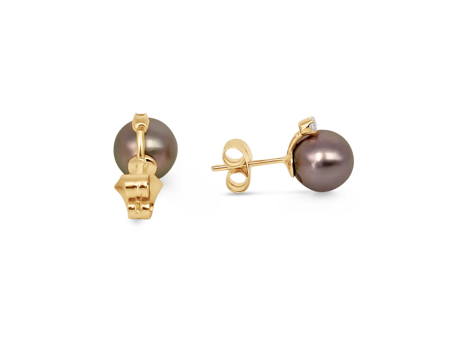 Stud Earrings Tahiti Pearls 9 mm AAA, Diamonds, 18K Solid Gold