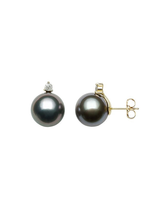 Tahiti Pearl Earrings 9-10 mm,  Natural Diamonds & 18K White Gold