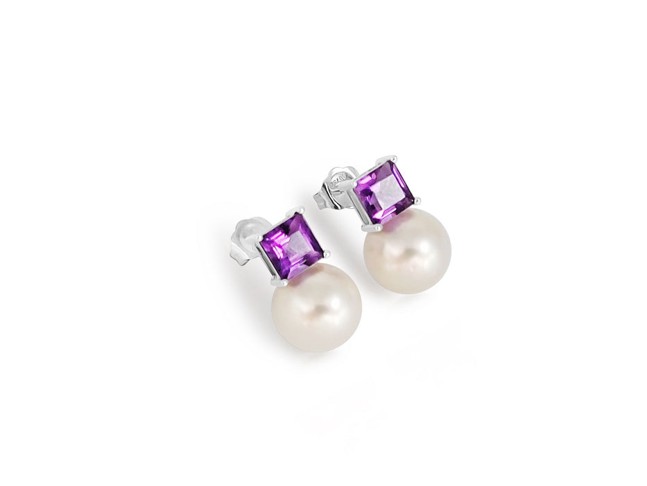 South Sea Pearl and Precious Stones Amethyst, 18K White Gold Stud Earrings