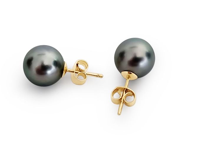 Tahiti Pearl Earrings Stud 10 mm AAA Quality and 18 Karat Solid gold